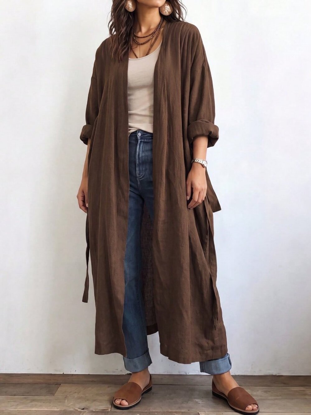 Coffee Brown Casual Women's Plus Size Long cotton lightwegiht belted Jacket